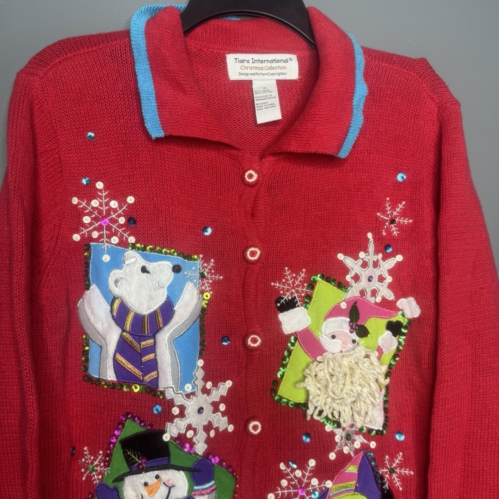 Vintage Ugly Christmas Sweater Size XL Red Chunky Cardigan Snowman Santa Penguin - Picture 2 of 7